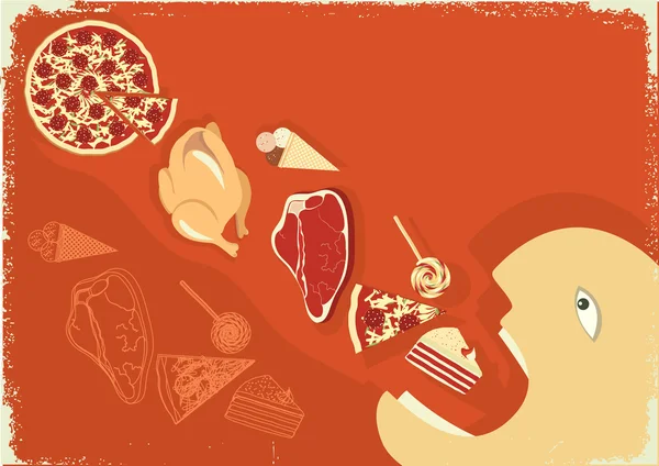 Hungrig man äta en massa food.vector affisch — Stock vektor