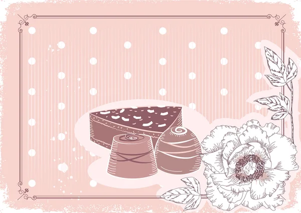 Postal floral con dulces de chocolate .Vector fondo en el pasado — Vector de stock