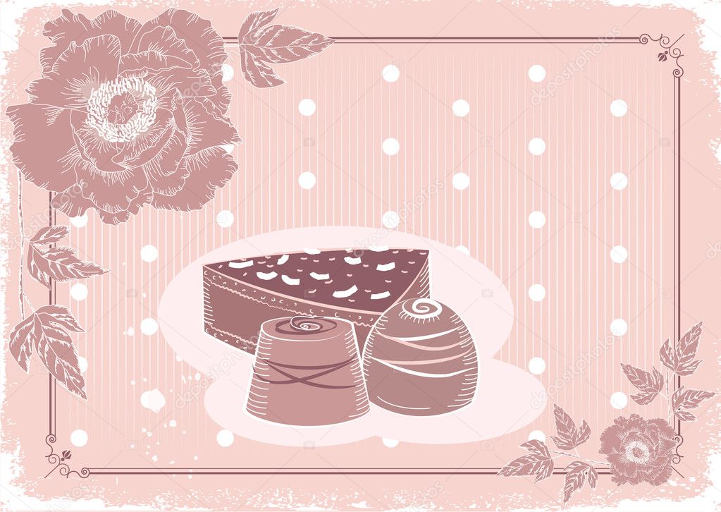 Floral postcard with chocolate sweets .Vector background in past