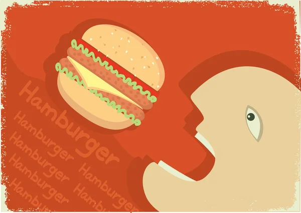 Hombre vectorial comiendo hamburguesa grande. Cartel grunge vectorial — Vector de stock