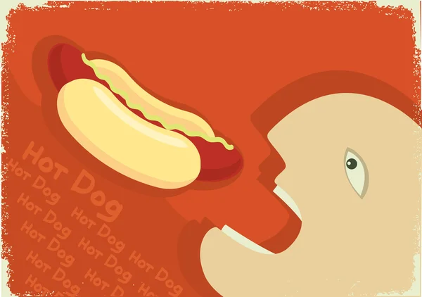 Homem com fome de vetor a comer cachorro-quente. Cartaz de grunge vetorial —  Vetores de Stock