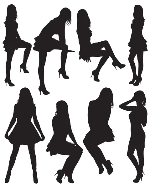 八个 silhouettes 的美丽女孩 — 图库矢量图片