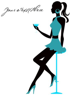Girl sits in bar with glass in hand clipart