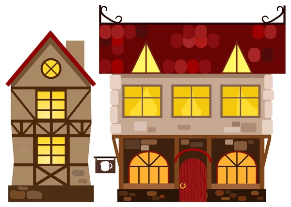 中世纪的房子和小酒馆 — 图库矢量图片