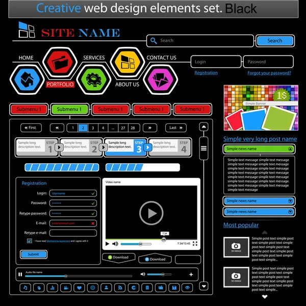 Kreative schwarze Webdesign-Elemente gesetzt — Stockvektor