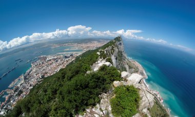 Fisheye view of Gibraltar rock, bay and town clipart