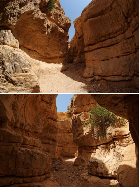 Fenda estreita entre duas rochas no desfiladeiro do deserto — Fotografia de Stock