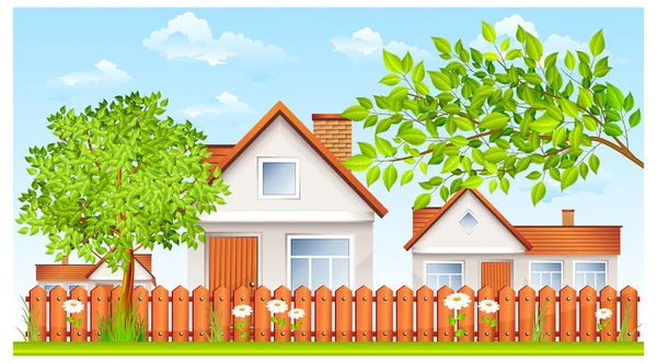 Pequeña casa con valla y jardín — Vector de stock
