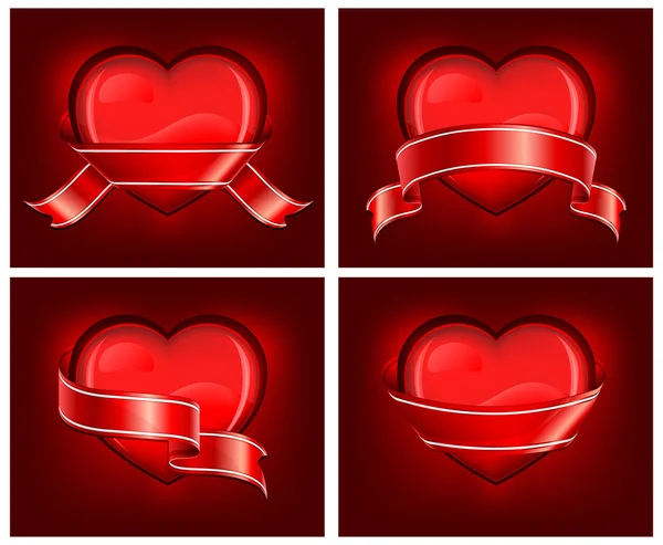 Corações com fita no vermelho — Vetor de Stock