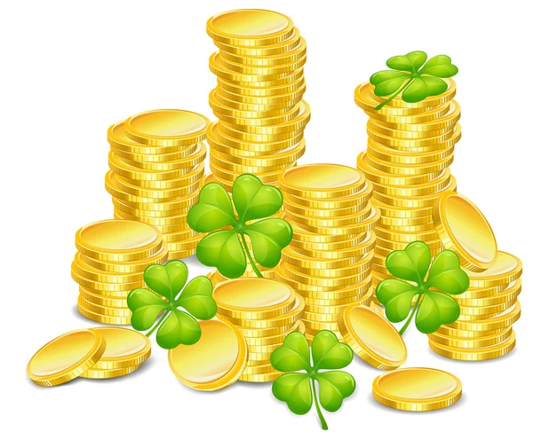Golden coins with clover — Stock Vector