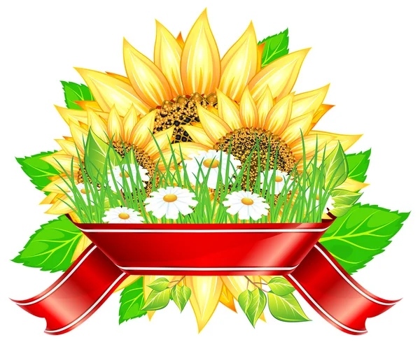 Tournesol & fleurs avec ruban — Image vectorielle