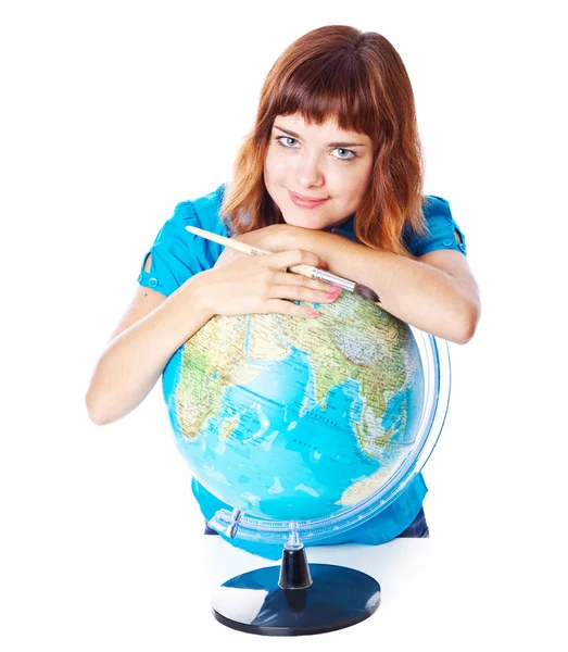 The red-haired girl with globe — Stock Photo, Image