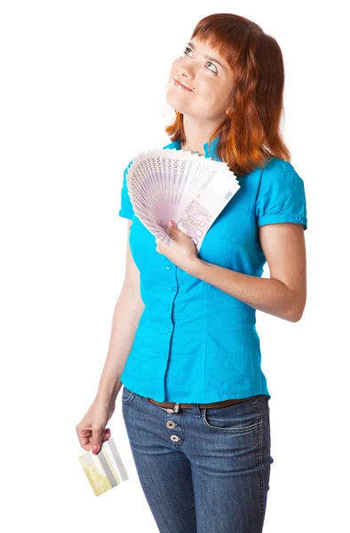 Red-haired teen-girl with money in hand — Stock Photo, Image