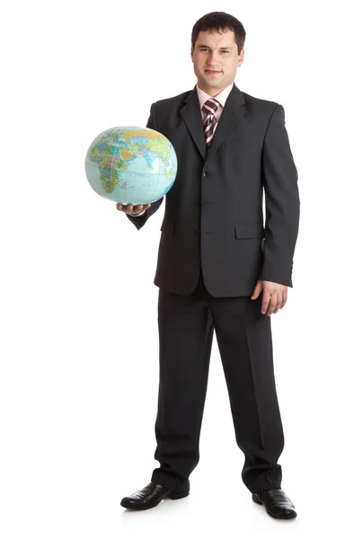 Бизнесмен с глобусом. Изолированный на белом фоне — стоковое фото