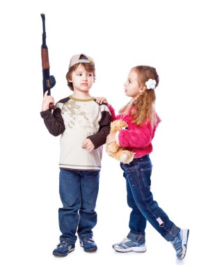 A girl is kissing a boy with the gun clipart