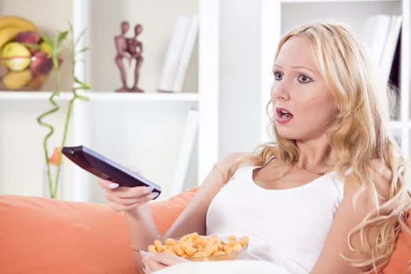 Shocked woman with remote control — Stock Photo, Image
