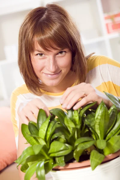 Mulher com plantas em casa — Fotografia de Stock