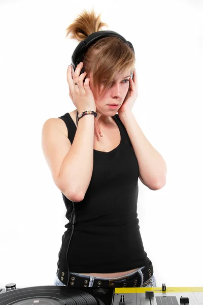 Female DJ chick listening to music — Stock Photo, Image