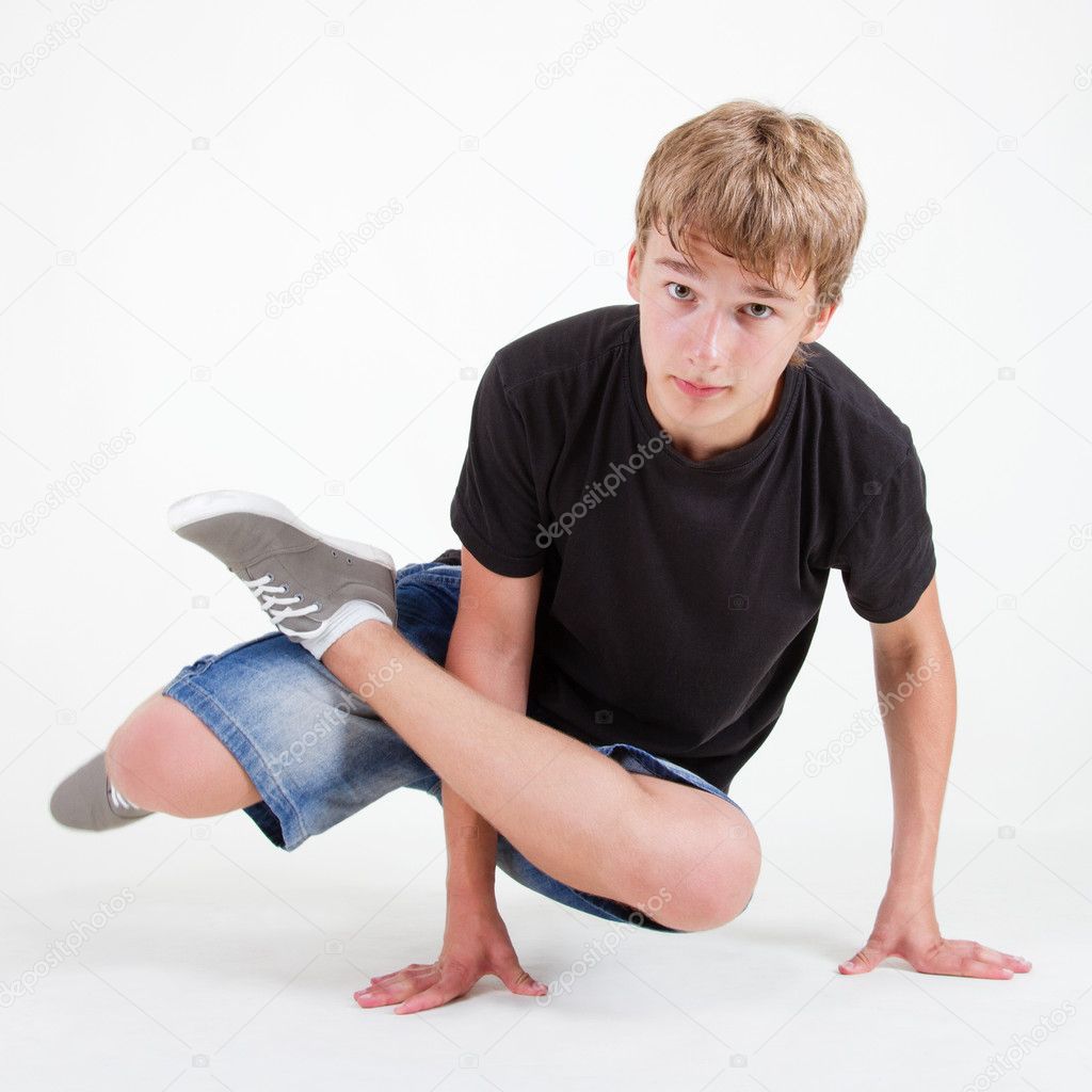 Teen b-boy standing in freeze on white — Stock Photo © hurricanehank ...