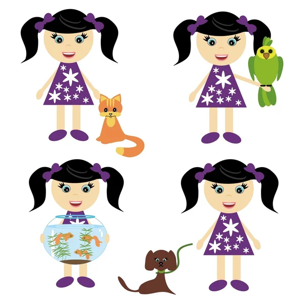 Quatro meninas com animais de estimação — Vetor de Stock