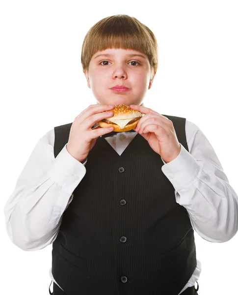 Chlapec s burger — Stock fotografie