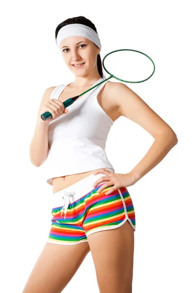 Kobieta z rakietą badmintona — Zdjęcie stockowe