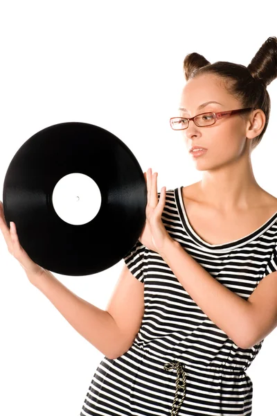 Woman with vinyl plate — Stock Photo, Image