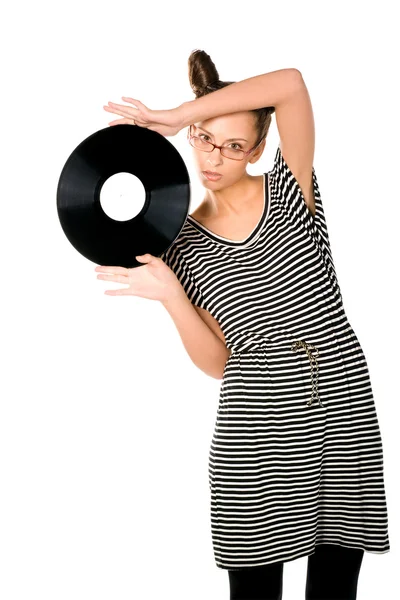Žena s vinylové desky — Stock fotografie