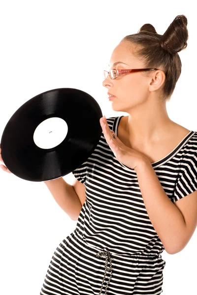 Žena s vinylové desky — Stock fotografie