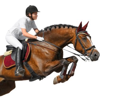 Young girl jumping with bay horse clipart