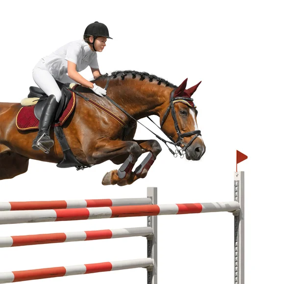 Junges Mädchen springt mit braunem Pferd — Stockfoto