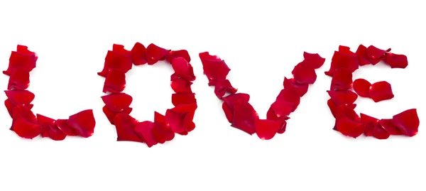 这个词"爱"的玫瑰花瓣 — 图库照片
