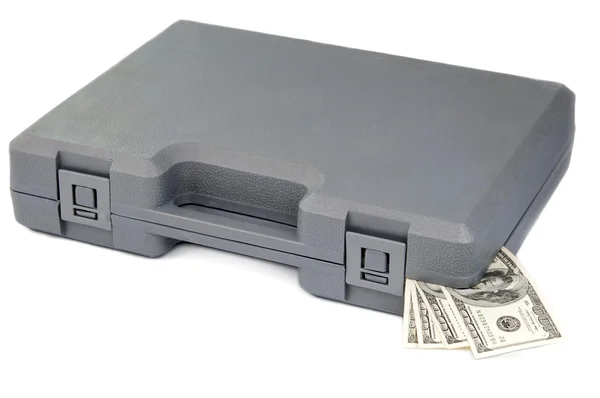 Caso gris con billetes de dólares — Foto de Stock