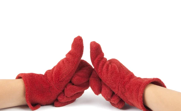 Rote Herbsthandschuhe an seinen Händen — Stockfoto