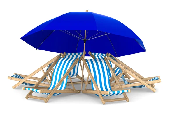 Sechs Liegestühle und Sonnenschirm auf weißem Hintergrund. isoliertes 3D-Bild — Stockfoto