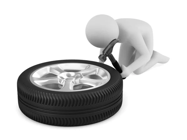 Man repairs wheel. Isolated 3D image — Stock Photo, Image