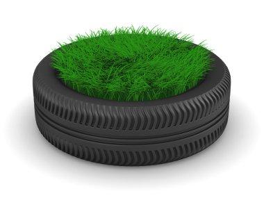 Tyre with grass on white background. Isolated 3D image clipart