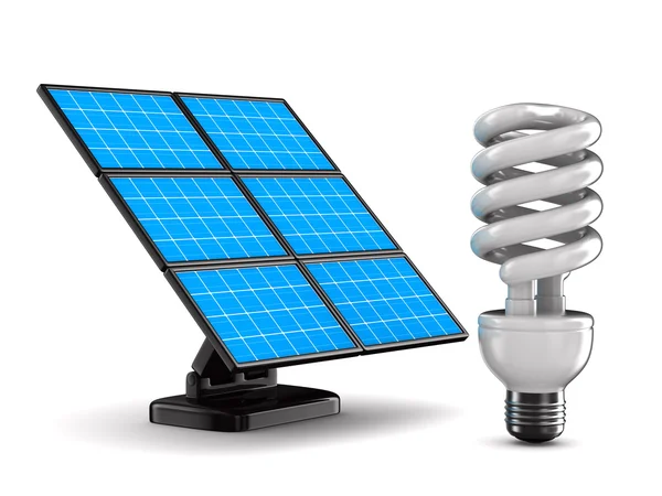 Bateria solar e lâmpada sobre fundo branco. Imagem 3d isolada — Fotografia de Stock