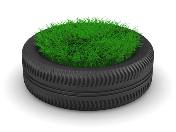 Pneumatico con erba su sfondo bianco. Immagine 3D isolata — Foto Stock