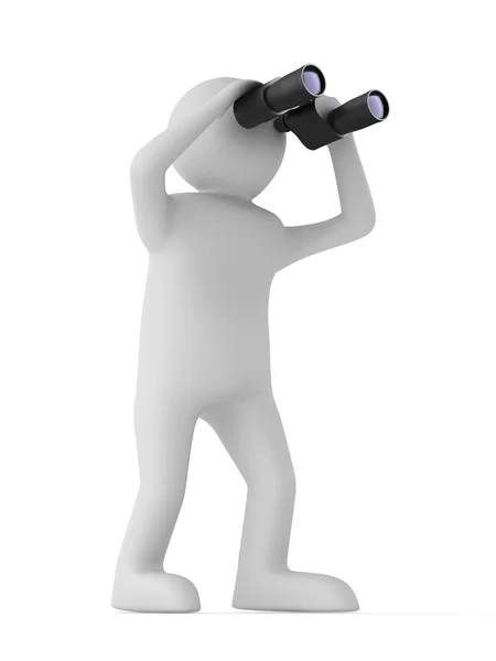 Homem com binocular sobre fundo branco. Imagem 3d isolada — Fotografia de Stock