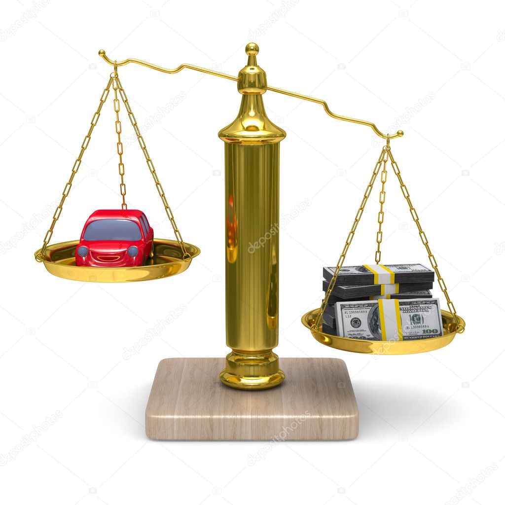 Car and cashes on scales. Isolated 3D image
