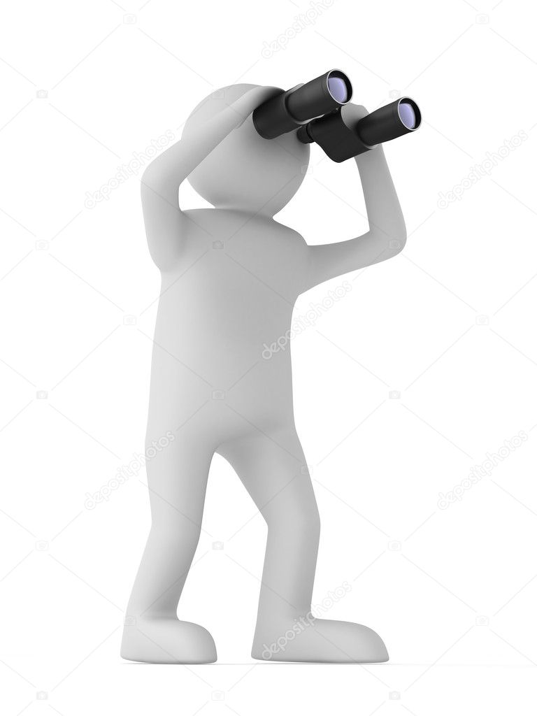 Man with binocular on white background. Isolated 3d image