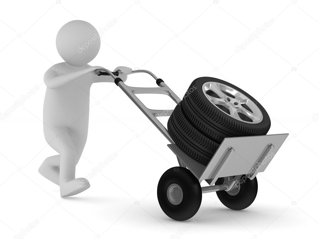 Tyre on hand truck. Isolated 3D image