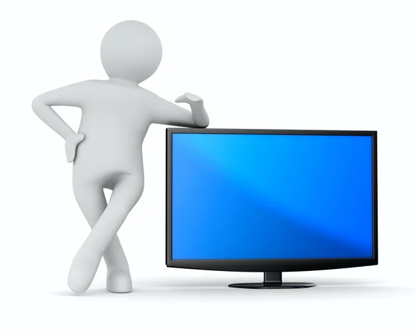 Fernseher und Mann auf weißem Hintergrund. isoliertes 3D-Bild — Stockfoto