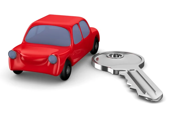 Rotes Auto und Schlüssel auf weißem Hintergrund. isoliertes 3D-Bild — Stockfoto