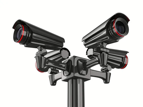 Quattro telecamere di sicurezza su sfondo bianco. Immagine 3D isolata — Foto Stock