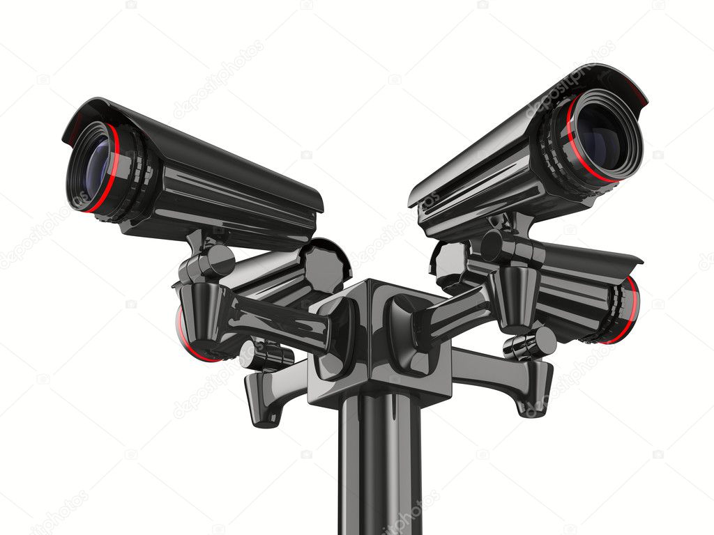 Four security camera on white background. Isolated 3D image
