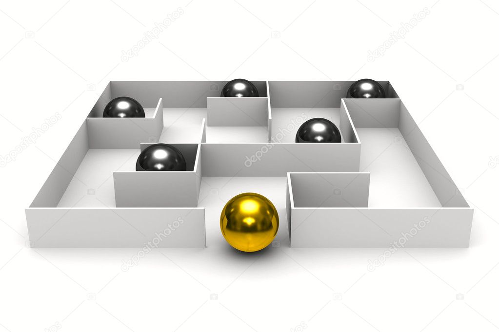Balls in labyrinth on white background. Isolated 3D image