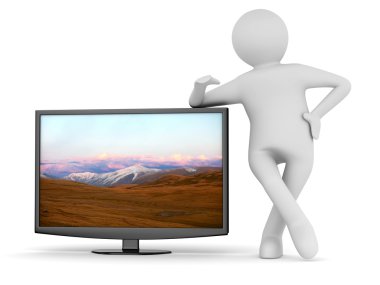 TV and man on white background. Isolated 3D image clipart