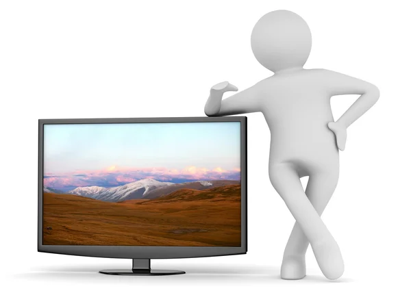 TV y hombre sobre fondo blanco. Imagen 3D aislada — Foto de Stock